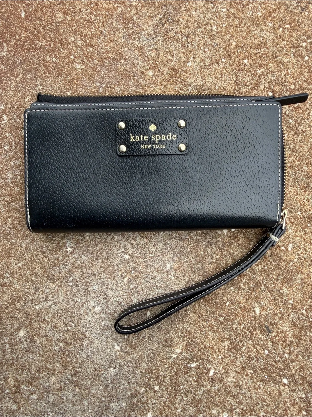 kate spade Black Leather Zip Wristlet with Gold Logo